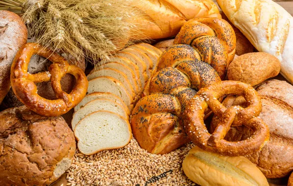 Picture wheat, rye, bread, ears, cakes, grain, loaves, pretzel