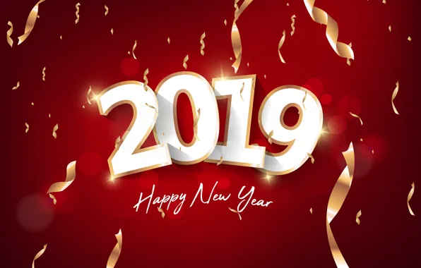 Picture gold, New Year, figures, golden, red background, background, New Year, Happy, sparkle, 2019