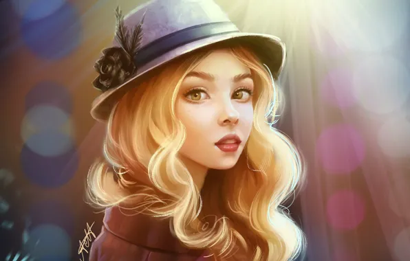 Picture face, hat, coat, long hair, art, portrait of a girl, blur bokeh, Okio Chan