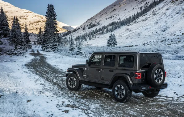 Picture road, snow, mountains, 2018, Jeep, dark gray, Wrangler Sahara