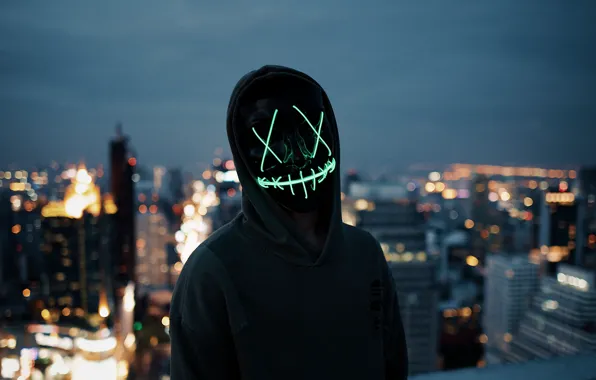 Picture lights, dark, wallpaper, blur, neon, situations, anonymous, mask, silhouette, hood, 4k ultra hd background, city …