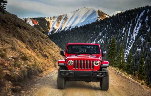 Picture the sky, snow, mountains, red, slope, the front, 2018, Jeep, Wrangler Rubicon
