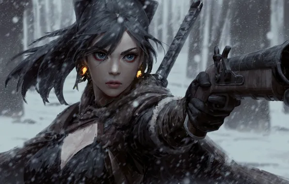 Picture cold, gun, katana, duel, art, arm, the fight, in the woods, guweiz, woman warrior, the …