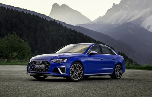 Picture blue, Audi, sedan, Audi A4, Audi S4, 2019, the silhouettes of the mountains
