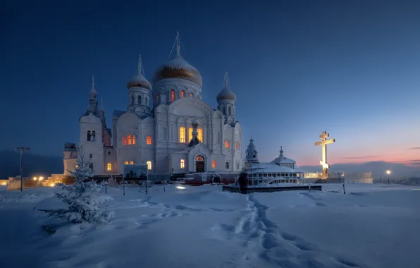 Picture winter, snow, sunset, traces, cross, temple, Russia, dome, Perm Krai, White mountain, Belogorsky Nicholas monastery, …