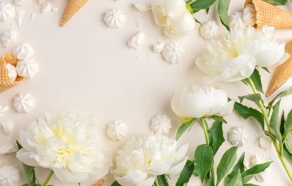 Picture flowers, ice cream, white, white, horn, flowers, beautiful, peonies, marshmallows, peonies