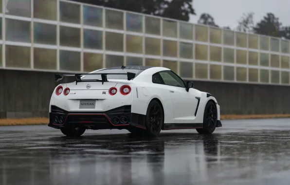 Picture white, Nissan, GT-R, wet asphalt, R35, Nismo, 2019