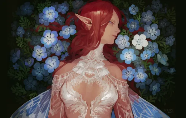 Picture red, lace, elf, wings, white dress, long hair, forget-me-nots, in profile, blue flowers, pointy, elf …