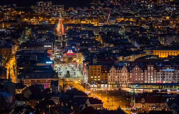 Picture photo, Home, The evening, Night, The city, Street, Norway, Top, Bergen