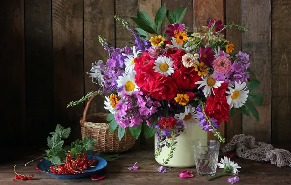 Picture flowers, basket, chamomile, bouquet, currants, zinnia