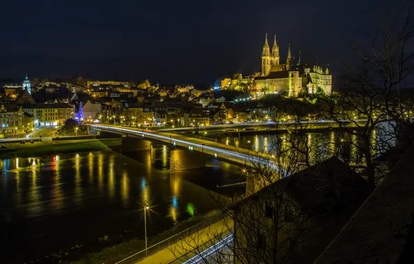 Picture night, bridge, the city, lights, river, castle, view, home, Germany, panorama, fortress, illumination, Meissen, Albrechtsburg