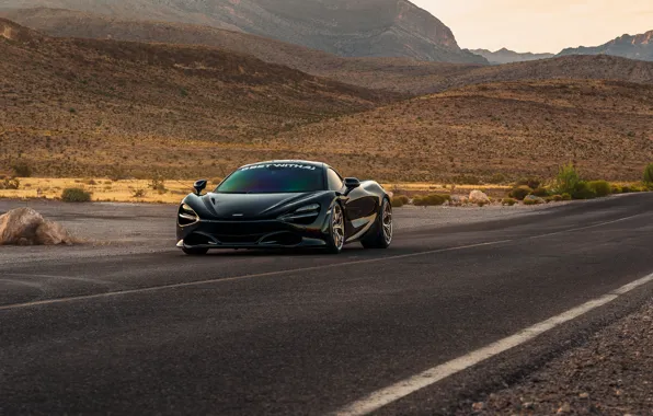 Picture road, mountains, black, sports car, front view, McLaren 720S
