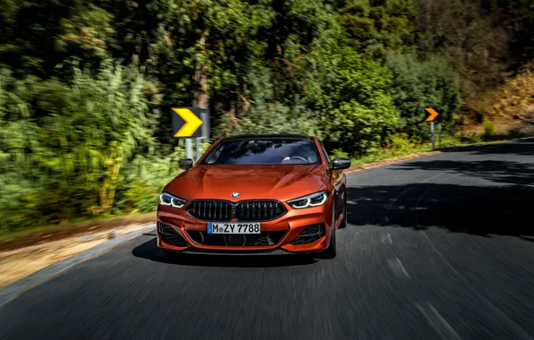 Picture road, trees, coupe, turn, BMW, signs, Coupe, 2018, 8-Series, dark orange, M850i xDrive, Eight, G15
