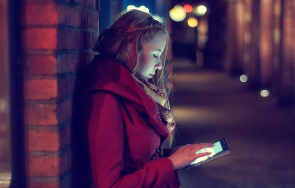 Picture lights, Girl, relax, wall, bricks, night, mood, coat, blonde, feeling, reading, tablet, red coat