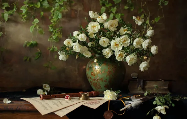 Picture flowers, style, notes, pen, roses, ring, briar, book, vase, still life, flute, Andrey Morozov