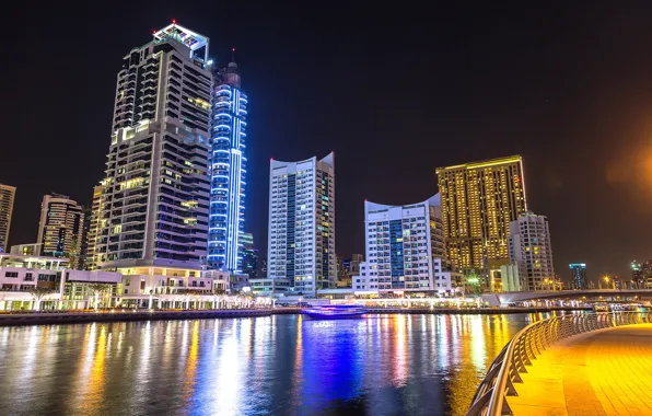 Picture night, bridge, the city, lights, river, building, home, lights, channel, Dubai, UAE