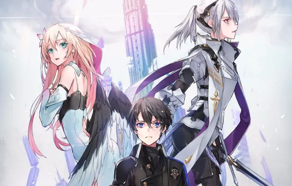 Picture the sky, tower, wings, sword, costume, emblem, guy, blue eyes, characters, pink hair
