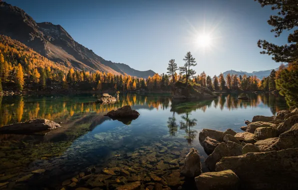 Picture autumn, forest, trees, mountains, lake, reflection, stones, Switzerland, Alps, Switzerland, Alps, Lago di Saoseo, Poschiavo, …