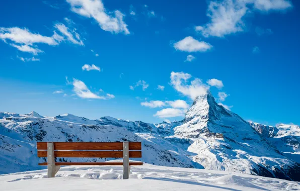 Picture snow, mountains, Switzerland, bench, Zermatt
