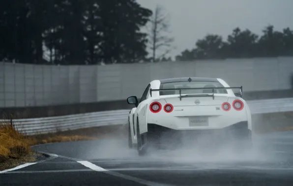 Picture white, track, Nissan, GT-R, rear view, R35, Nismo, 2019