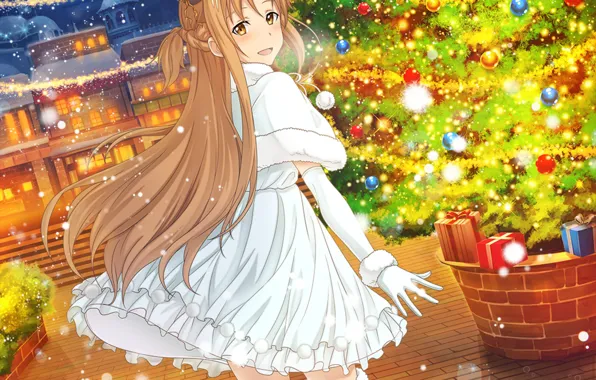 Picture white dress, long hair, the light in the Windows, Christmas tree, evening city, Yuuki Asuna, …