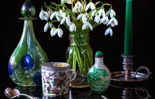 Picture flowers, style, candle, snowdrops, mug