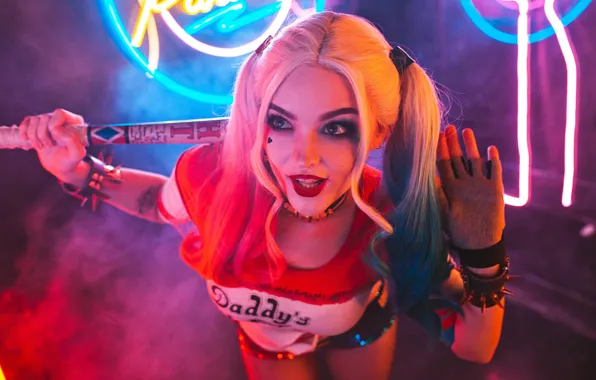 Picture girl, pose, neon, cosplay, Harley Quinn, Sergey Rodichkin