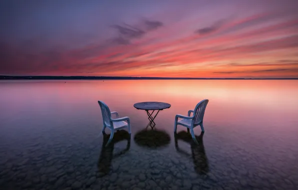 Picture sunset, table, shore, chair