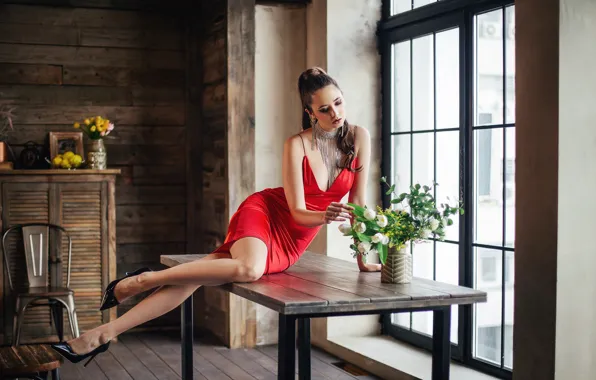 Picture girl, decoration, flowers, pose, style, model, shoes, legs, red dress, necklace, on the table, Disha …