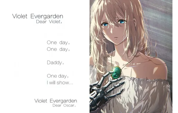 Picture text, blue eyes, shoulders, white dress, sad, brooch, iron hand, Violet Evergarden, by Akiko Takase