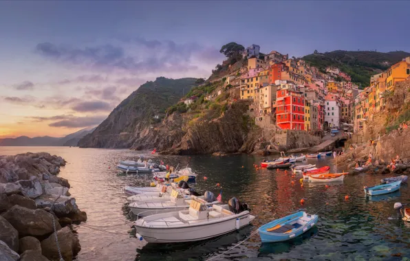 Picture sea, sunset, rocks, shore, home, boats, Italy, town, Italy, Riomaggiore, Riomaggiore, Cinque Terre, Cinque Terre, …