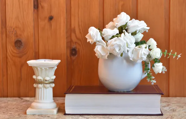 Picture white, flowers, book, candle holder, decor