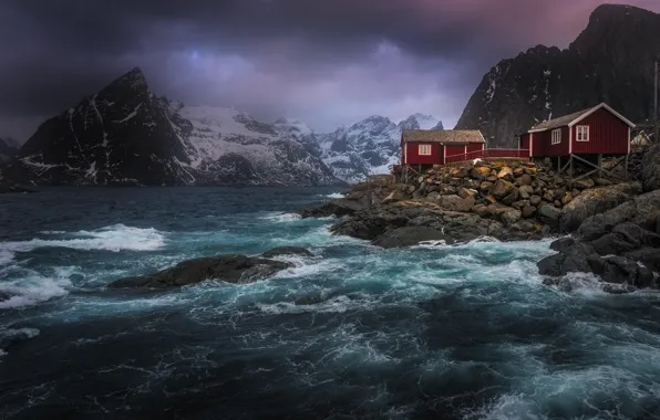 Picture winter, sea, snow, landscape, mountains, clouds, storm, stones, rocks, home, morning, village, Norway, The Lofoten …