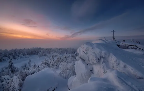 Picture winter, snow, trees, landscape, sunset, mountains, nature, Perm Krai, Andrei, mount Phillips