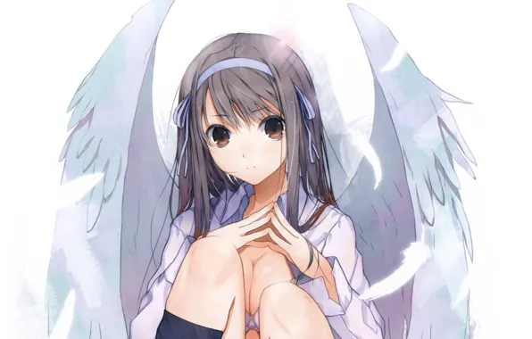 Picture feathers, knees, angel, bezel, big eyes, bangs, white wings, haruaki fuyuno, girl - angel