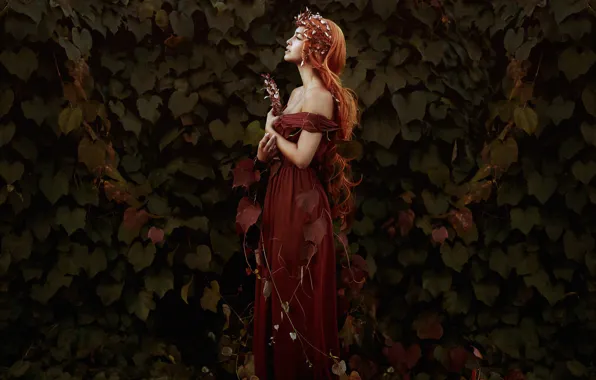 Picture autumn, leaves, girl, pose, mood, dress, red, redhead, ivy, Bella Kotak, Symphony in Autumn
