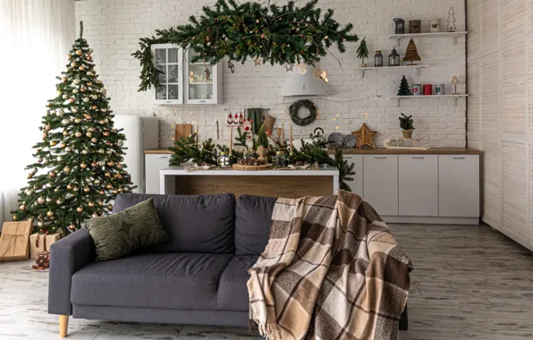 Picture decoration, sofa, balls, tree, interior, Christmas, New year, christmas, balls, winter, merry, interior, decoration, fir …