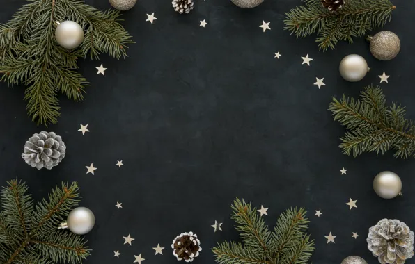 Picture decoration, balls, Christmas, New year, christmas, balls, bumps, wood, stars, decoration, fir tree, fir-tree branches