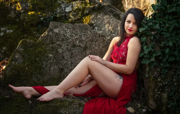 Picture look, girl, smile, stones, dress, brunette, legs, in red