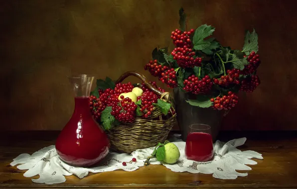 Picture branches, glass, berries, basket, apples, drink, still life, napkin, decanter, Kalina, Fedenkova Tatiana