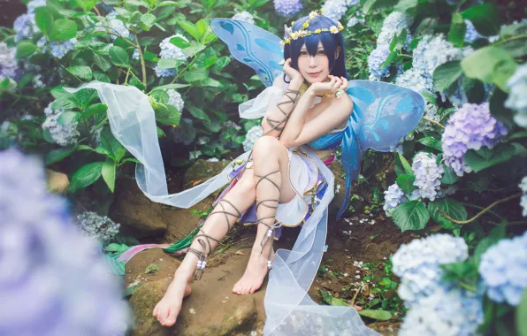Picture summer, look, girl, flowers, face, pose, smile, style, stones, background, feet, elf, wings, rope, hands, …
