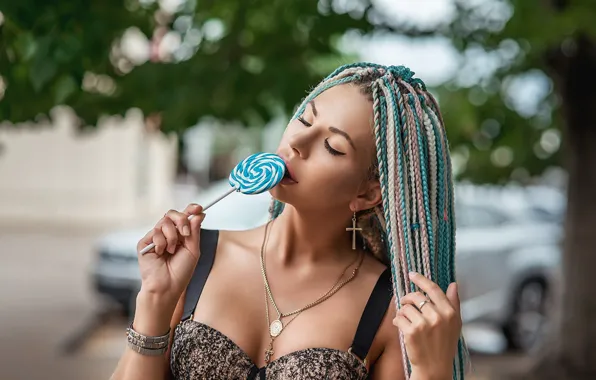 Picture girl, face, style, braids, Lollipop, candy, closed eyes, Annie, A Diakov George