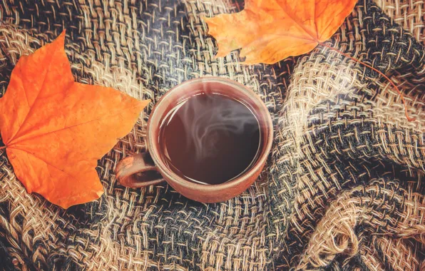 Picture autumn, leaves, plaid, wood, autumn, leaves, coffee cup, a Cup of coffee