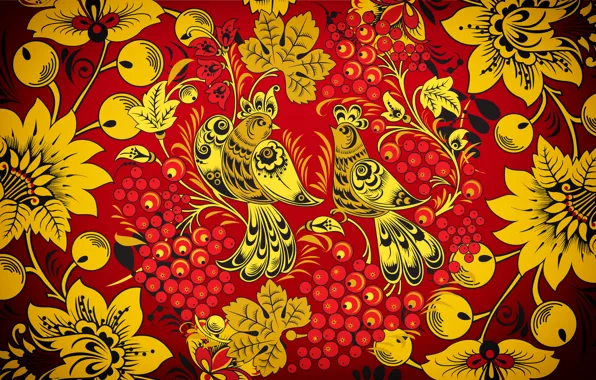 Picture Flowers, Red, Bird, Birds, Style, Background, Painting, Art, Khokhloma, Khokhloma painting, madeinkipish, Ivan Ivanovich, Russian …