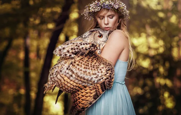 Picture forest, girl, light, trees, flowers, nature, face, background, each, owl, bird, wings, blonde, friendship, wreath, …