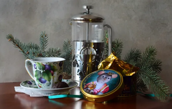 Picture table, tea, new year, kettle, tape, Cup, tree, still life