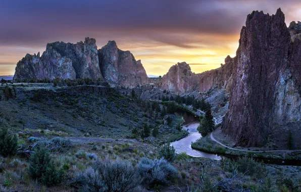 Picture Rock, Oregon, Sunset, River, Smith Rock
