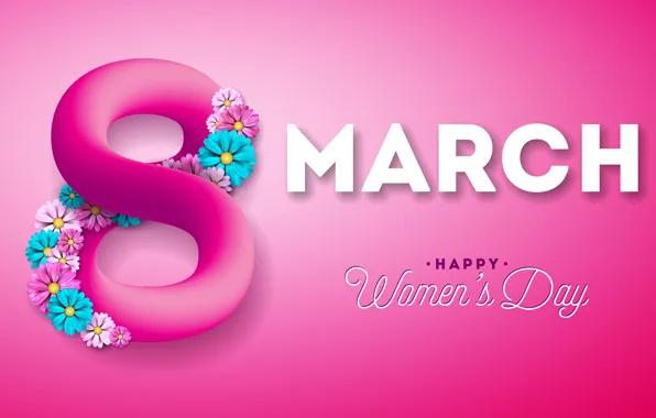 Picture flowers, happy, pink background, March 8, pink, flowers, women's day, 8 march, women's day