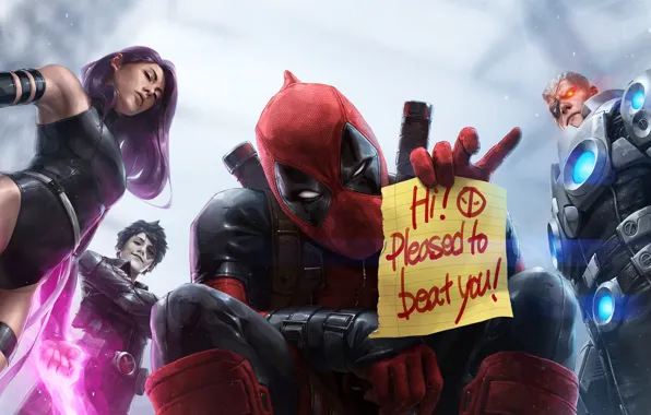 Picture the inscription, characters, marvel, Deadpool, Marvel Comics, Psylocke, Cable
