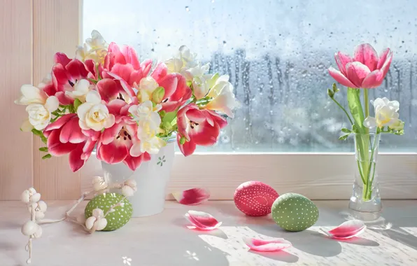 Picture flowers, eggs, spring, colorful, Easter, tulips, happy, pink, flowers, tulips, window, spring, Easter, eggs, decoration